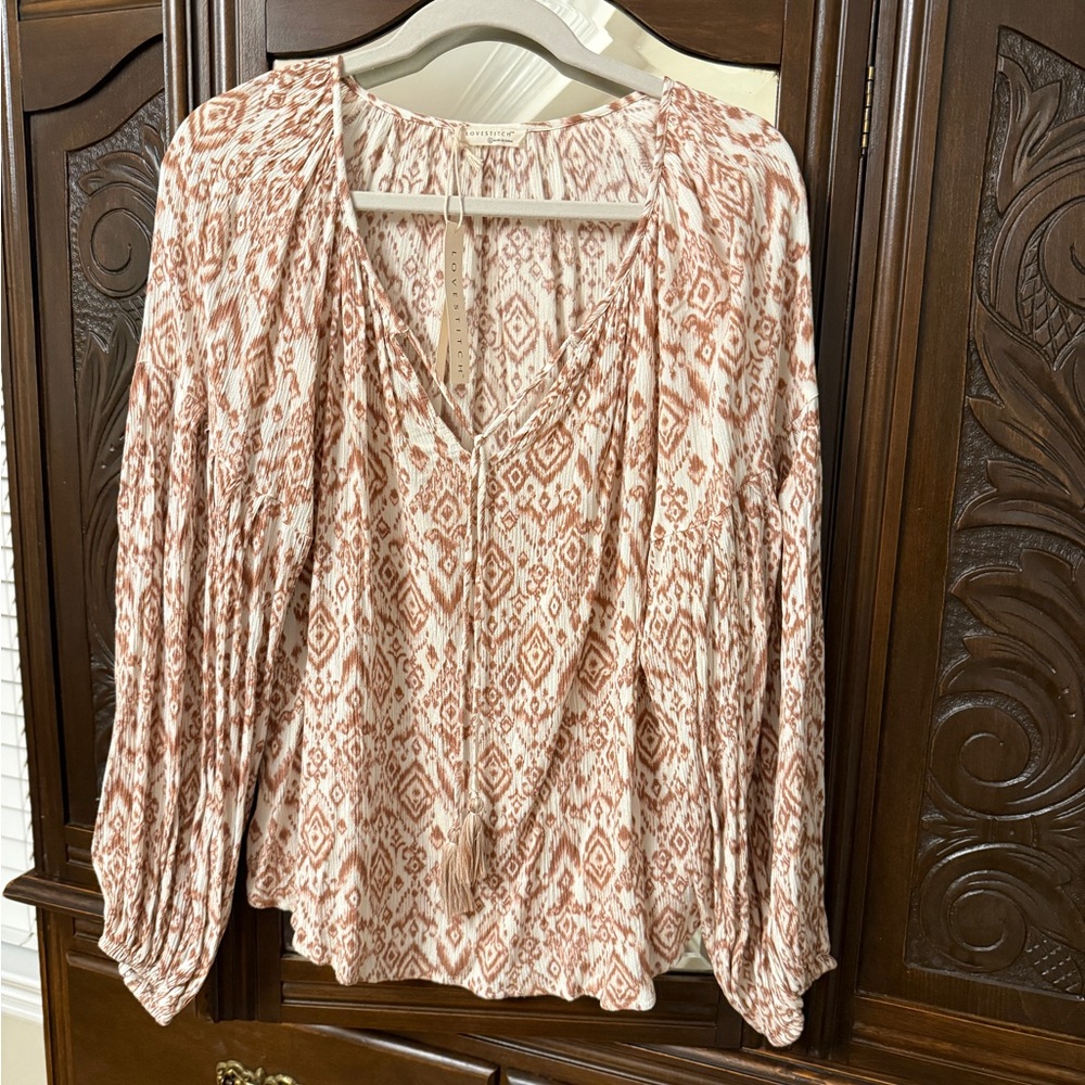 Love Stitch Boho Blouse with Tie NWT